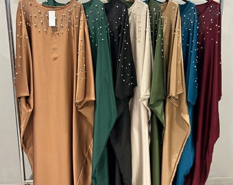 Pearl Embellished Abaya Dress: Satin-Look Batwing Sleeve Maxi