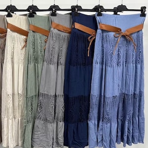 Spódnica maxi z koronką szydełkową w stylu boho: spódnica warstwowa z mieszanki bawełny i paskiem