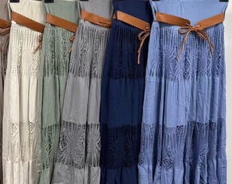Boho Crochet Lace Maxi Skirt: Cotton Blend Tiered Skirt with Belt