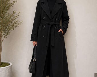 Women’s Long Trench Coat, Suede Look Belted Duster Jacket, Modest Maxi Coat, Double Breasted Outerwear, One Size UK 8–16