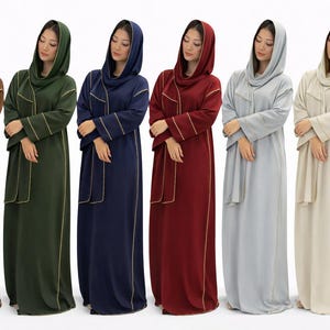 Abaya con finiture dorate e sciarpa attaccata / Abbigliamento casual e modesto / Leggero e comodo, taglia UK 8-18