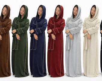 Gold Trim Abaya with Attached Scarf | Casual Modest Wear | Lightweight & Comfortable UK Size 8-18