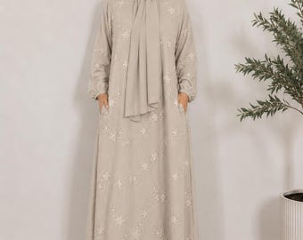 Floral Embroidered Abaya with Scarf, Modest Muslim Maxi Dress with Pockets, Long Sleeve Islamic Dress, Eid Ramadan Abaya