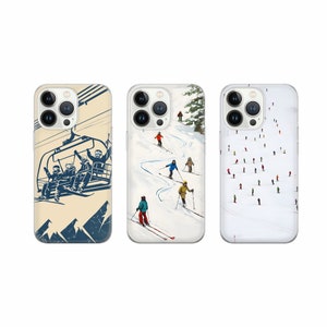 Custodia invernale per telefono con motivo sci vintage per iPhone 16 Pro Max, 15 Plus, 14, 13, 12, 11, XS e Samsung S24, S25, A55, A36, Pixel 9 Pro, 8