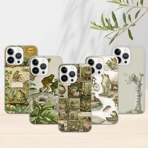 Pode incluir: Conjunto de seis capas para iPhone com um tema de sapo caprichoso. Cada capa tem um design diferente com ilustrações de sapos, flores e outros elementos inspirados na natureza. As capas são todas em estilo vintage com uma paleta de cores suaves.