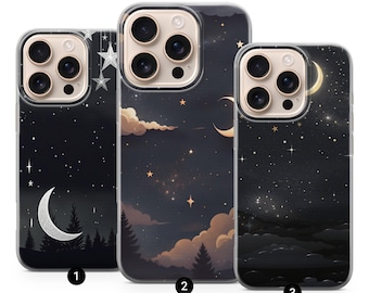 May include: Three phone cases with night sky designs. The cases feature illustrations of moons, stars, clouds, and trees in shades of black, blue, and gold. The cases are designed to fit a smartphone.