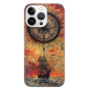 Coque de portable boussole nautique, carte du monde vintage, thème de voyage