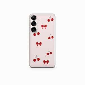 Red Cherry Bow Phone Case Cute pink Cover for iPhone 16 15 14 13 12, Samsung S25 S24FE S23 S22 A16 A54 A14, Pixel 8 Pro 7A 9