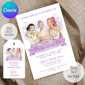 Peut inclure: Une invitation d'anniversaire de 12,7x17,8 cm et une étiquette de 5,1x8,9 cm illustrant trois personnes tenant un gâteau arc-en-ciel avec des bougies. Le texte indique : Please join us to celebrate as Amelia turns six, April 23rd.
