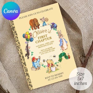 May include: A 12.7 x 17.8 cm rectangular invitation card with a light yellow background featuring watercolour illustrations of storybook characters including a bear, rabbit, and caterpillar. Text reads: Oliver's FIRST CHAPTER, Saturday, April 23rd, 2pm to 5pm.