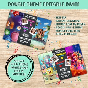 Invito di compleanno modificabile per fratelli, invito di compleanno doppio, gemelli doppi combinati, invito doppio per ragazzo e ragazza, Canva modificabile, DD Creations