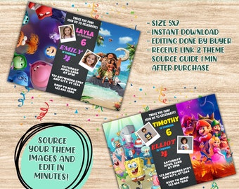 Editable Sibling Birthday Invitation, Double Birthday Invite, Dual Combined Twins, Boy and Girl Double Invite, Editable Canva, DD Creations