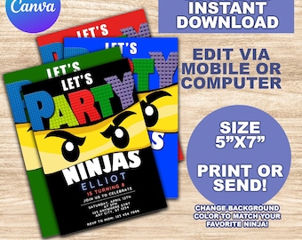 Editable Ninja Invitation, Kids Ninja Invite, Ninja Birthday Invite, Digital kids invitation, Instant download, Canva