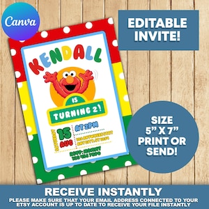Editable Birthday Invitation, Elmo Birthday Invitation, Printable For Boy and Girl Kids invitation, Instant Download, Elmo Sesame Street