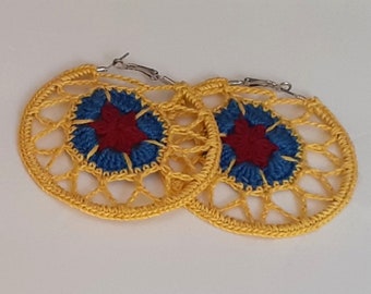 Colombia Flag Hoop Earrings, Caribbean Crochet Earrings