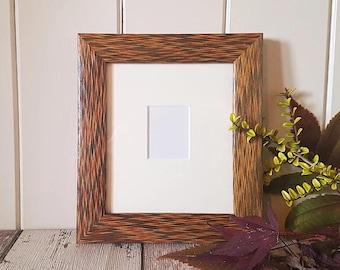 Passport Photo Frame. 70s vintage solid wood frame. Red, green and gold marquetry frame with mount. Small picture frame for photostrip image