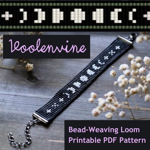 May include: Black and white beaded bracelet with a geometric pattern. The bracelet is made with a loom and has a silver clasp. The image includes the text "Woolenvine Bead-Weaving Loom Printable PDF Pattern".