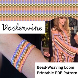May include: A printable PDF pattern for a bead-weaving loom bracelet. The bracelet is made with orange, purple, and gold beads. The pattern is called "Woolenvine" and is shown on a woman's wrist.