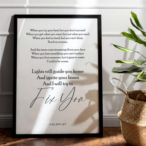 Fix You – Inspirational Music Wall Art | Coldplay Song Digital Poster | Motivational | Lyrics