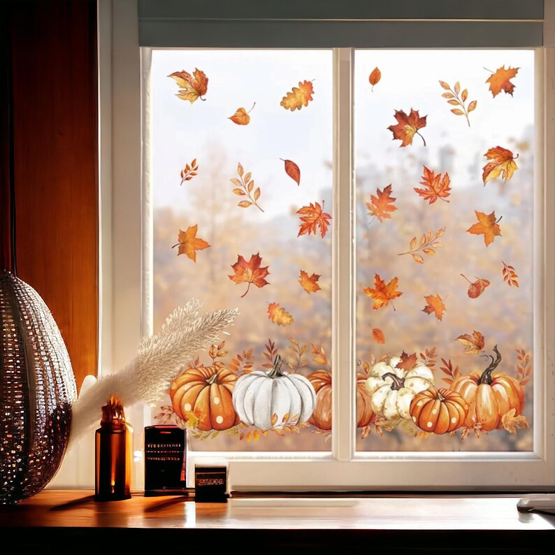 Fall Pumpkin & Leaves Window Clings 82pcs Autumn Harvest Thanksgiving ...