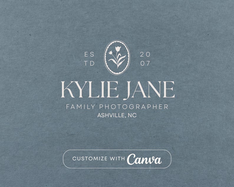 May include: A blue-gray background features the text "KYLIE JANE" in a serif font, with "FAMILY PHOTOGRAPHER" and "ASHEVILLE, NC" below. A floral emblem and the text "ESTD 2007" are at the top. The words "CUSTOMIZE WITH Canva" are at the bottom.