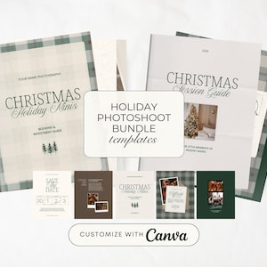 May include: A digital holiday photoshoot bundle template set featuring plaid borders and text including "Christmas Holiday Minis," "Christmas Session Guide," and "Save the Date." The design includes placeholders for photography and is customizable with Canva.