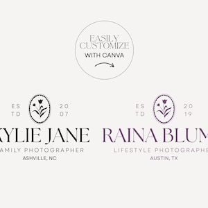 May include: A graphic design featuring two logos for photography businesses. The logos include floral emblems and the text "Kylie Jane" and "Raina Blume", along with their respective locations. The design also includes the text "Easily Customize With Canva."