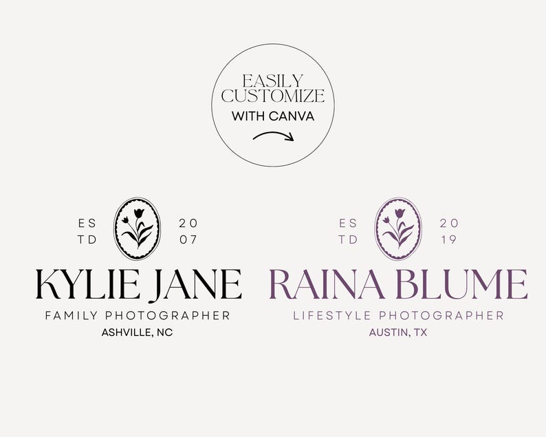 May include: A graphic design featuring two logos for photography businesses. The logos include floral emblems and the text "Kylie Jane" and "Raina Blume", along with their respective locations. The design also includes the text "Easily Customize With Canva."