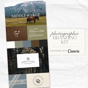 May include: A branding kit design for photographers. The design features a color palette, logo variations, and a landscape photo with the text "SADDLE & SAGE PHOTOGRAPHY". The kit includes the text "photographer BRANDING KIT" and "CUSTOMIZE WITH Canva".