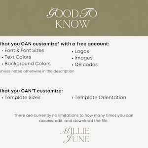 May include: A digital graphic with the text "GOOD TO KNOW" at the top. The text lists what can and can't be customized with a free account, including font sizes, text colors, logos, and images. The Millie June logo is at the bottom.