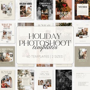以下が含まれることがあります： さまざまなデザインのホリデーフォトシュートテンプレートのコレクション。「Holiday Minis」、「Christmas Minis」、「November」などのテキストが含まれています。テンプレートは2つのサイズがあります。