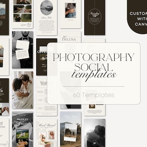 Peut inclure: Ensemble de modèles de réseaux sociaux pour photographes, avec des designs variés aux tons neutres. Les modèles incluent des superpositions de texte et des espaces réservés aux photos. Le texte "PHOTOGRAPHY SOCIAL templates" et "60 Templates" est visible.