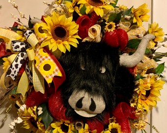 Highland Cow Wreath ~ Sunflower Highland Wreath