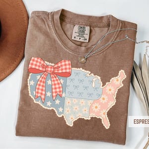 a brown t - shirt with a red bow and a map of the united states