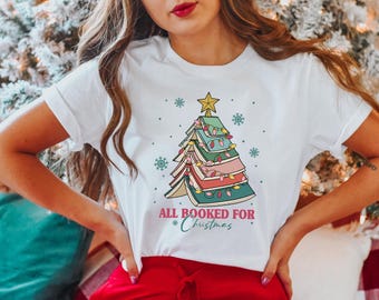All Booked for Christmas Shirt – Book Lover Holiday Tee – Christmas Tree Book Stack – Cute Bookish Christmas Shirt – Reading Lover Gift
