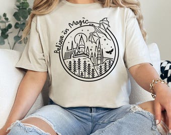 Believe in Magic Shirt, Wizard Castle Line Art Tee, Fantasy Inspired Shirt, Magic Lover Gift T Shirt, Minimal Wizard Shirt
