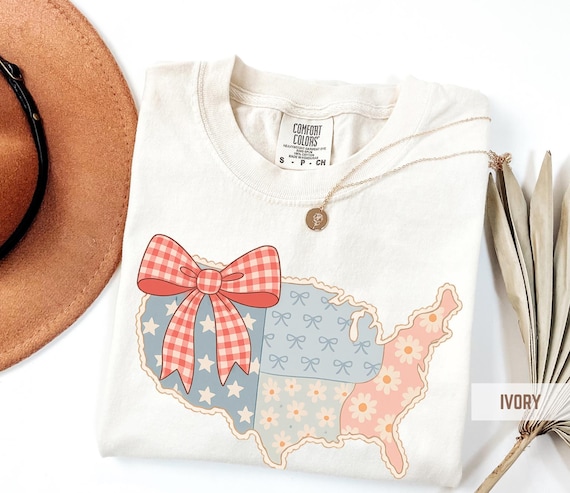 Vintage USA Map Patchwork Bow Shirt - Comfort Colors Patriotic Tee