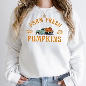 May include: White sweatshirt with an orange graphic that reads "Farm Fresh Pumpkins." The design includes a green truck carrying pumpkins, with text that says "Locally Grown" and "Hand Picked."