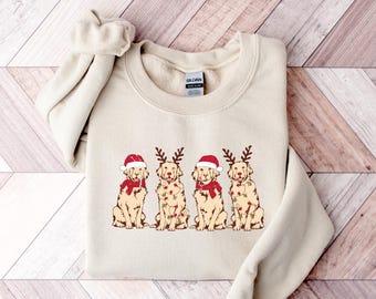 Dog Christmas Sweatshirt – Cute Dog Lover Holiday Pullover – Festive Santa Hat Reindeer Antler Dog Crewneck Gift for Women