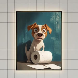 Cartoon Dog Toilet Paper Art Print | Playful Puppy Art | Whimsical Illustration | Funny Dog Bathroom Decor | Pet Lover Gift By HELLOPRINTS