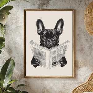 Bulldog francese che legge il giornale Stampa digitale Arte del cane in bianco e nero, Decorazione murale divertente con bulldog francese, Regalo minimalista per gli amanti degli animali di HELLOPRINTS