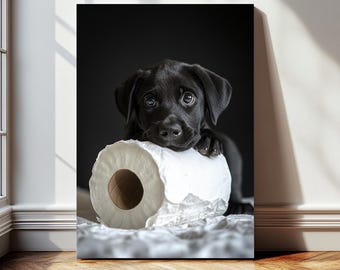 Black Lab Puppy Toilet Paper Print – Playful Dog Photo (Digital Download)