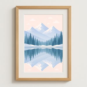 Snowy Mountain Wall Art Printable – Minimalist Winter Forest Landscape – Calm Digital Download Poster for Modern Cozy or Seasonal Decor