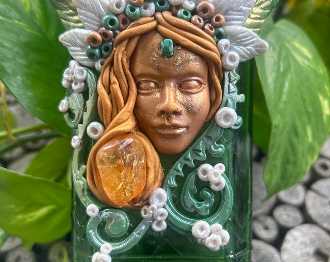 Featured listing image: Green Glass Bottle Decorated with Polymer Clay and Citrine - Goddess Artz