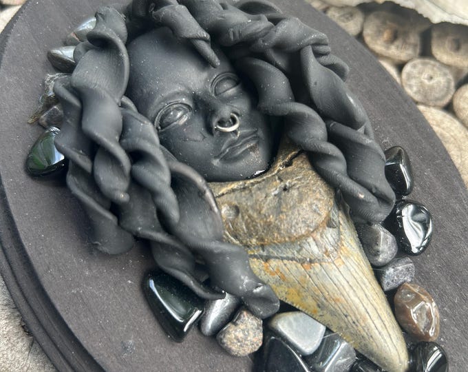 Featured listing image: Megalodon shark tooth and Obsidian, Jasper, and Hematite Hangable Goddess Plaque