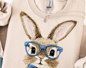 Sudadera de conejito de Pascua estilo vintage, efecto ilusión bordado