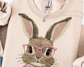 Sudadera de conejito de Pascua estilo vintage, efecto ilusión bordado