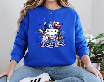 Lindo gatito LA Baseball, sudadera de cuello redondo, regalo para aficionados al fútbol