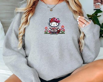 Lindo gatito, sudadera Boston Baseball de cuello redondo, efecto ilusión bordado