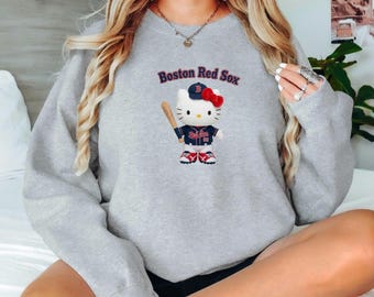 Lindo gatito, sudadera Boston Baseball de cuello redondo, efecto ilusión bordado